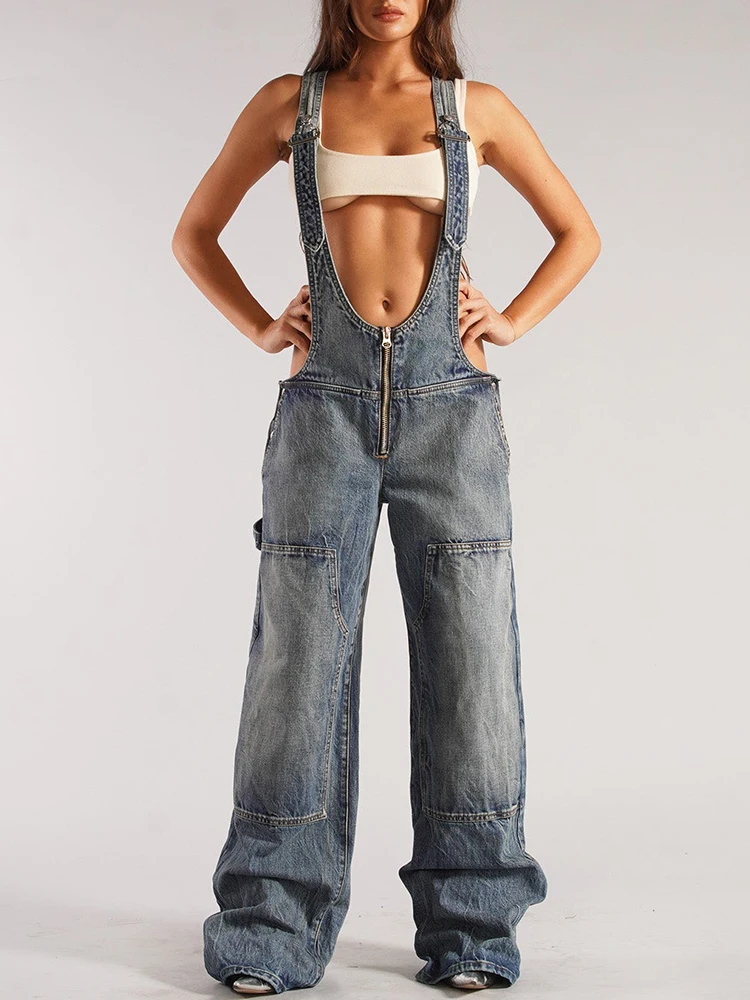 CHICEVER Street Retro Solid Spliced Denim Women Overalls Low Wiast Patchwork Zipper Sexy Wide Leg Jeans Pants Female Autumn New