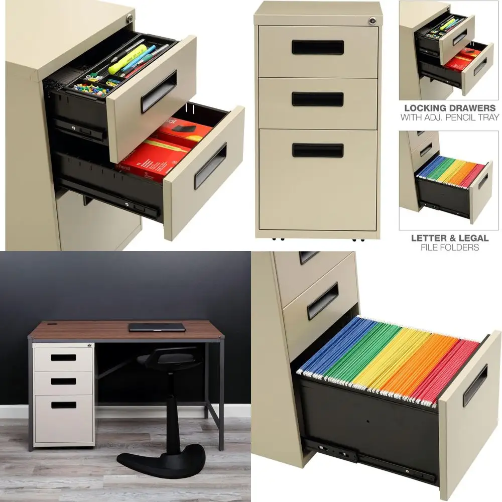 

Three-Drawer Metal File Pedestal with Putty Finish, 16W x 19.5D x 28.5H