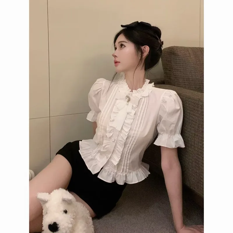 

Lolita Puff Sleeve Shirts Women White Ruffles Elegant Summer Schoolgirl Blouses Vintage Office Lady Aesthetic Sweet Y2k Tops