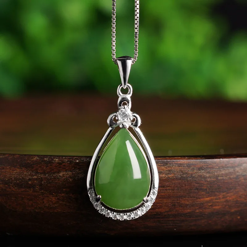 

925 Silver Inlaid Hetian Jade Pendant for Women, Ancient Style Certificate, Green Jade Water Drop, Jasper Pendant Necklace