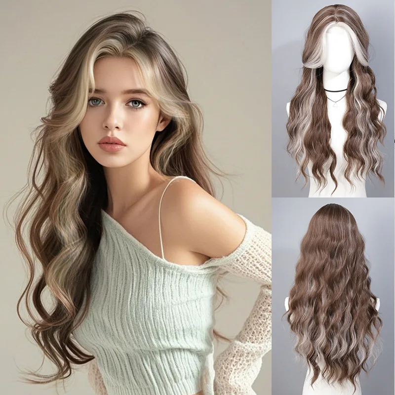 

European and American women's long curly big wave wig hair cover fluffy long straight hair micro curl