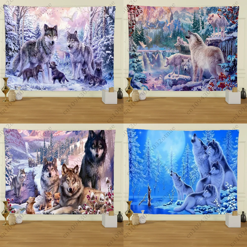 

Snow Wolf Family Aurora Flag Tapestry Creative Pattern Photo Living Room Wall Art Tapestry Decor Party Outdoor Decorate Banners