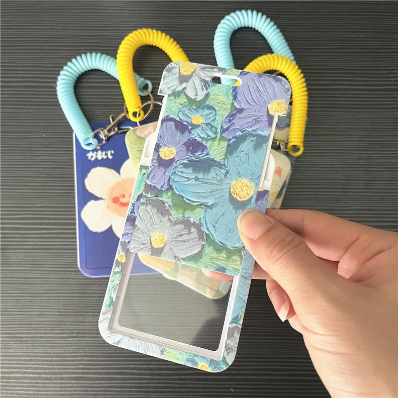 ID Holder Hard Plastic School Stationery Flowers Card ID Card Case Anti-lost Name Card Holder Spring Lanyards Badge Tag Works
