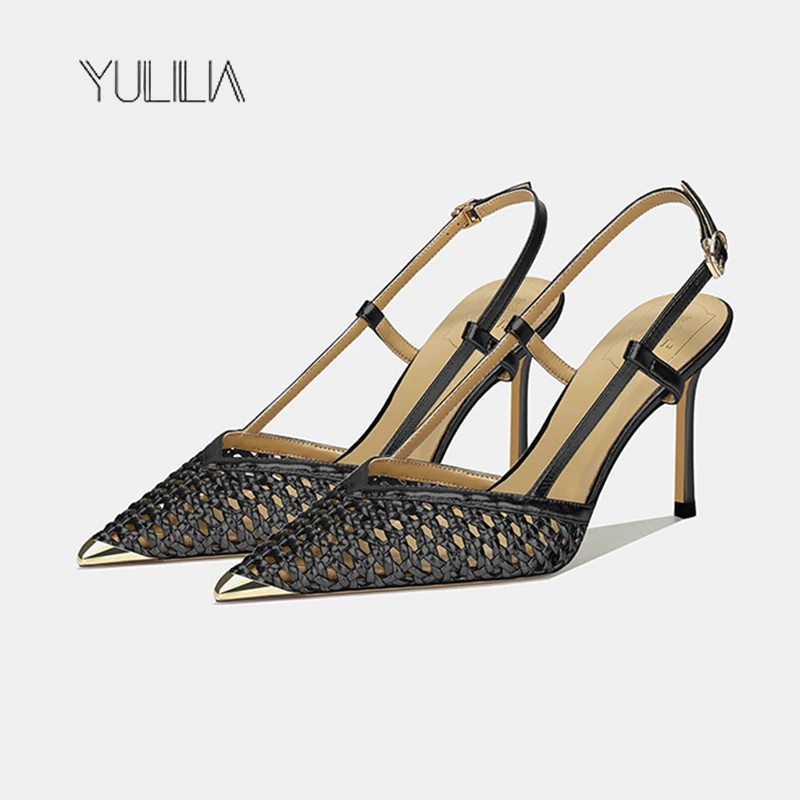 

YULILIA 2025 summer new French temperament socialite high heels women's thin heels hollow woven high-end bag head sandals