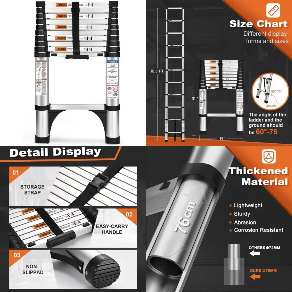سلم تمديد من الألومنيوم خفيف الوزن بطول 10.5 قدم بسعة 330 رطل ومثبتين مثلثين للاستخدام الثقيل #1
