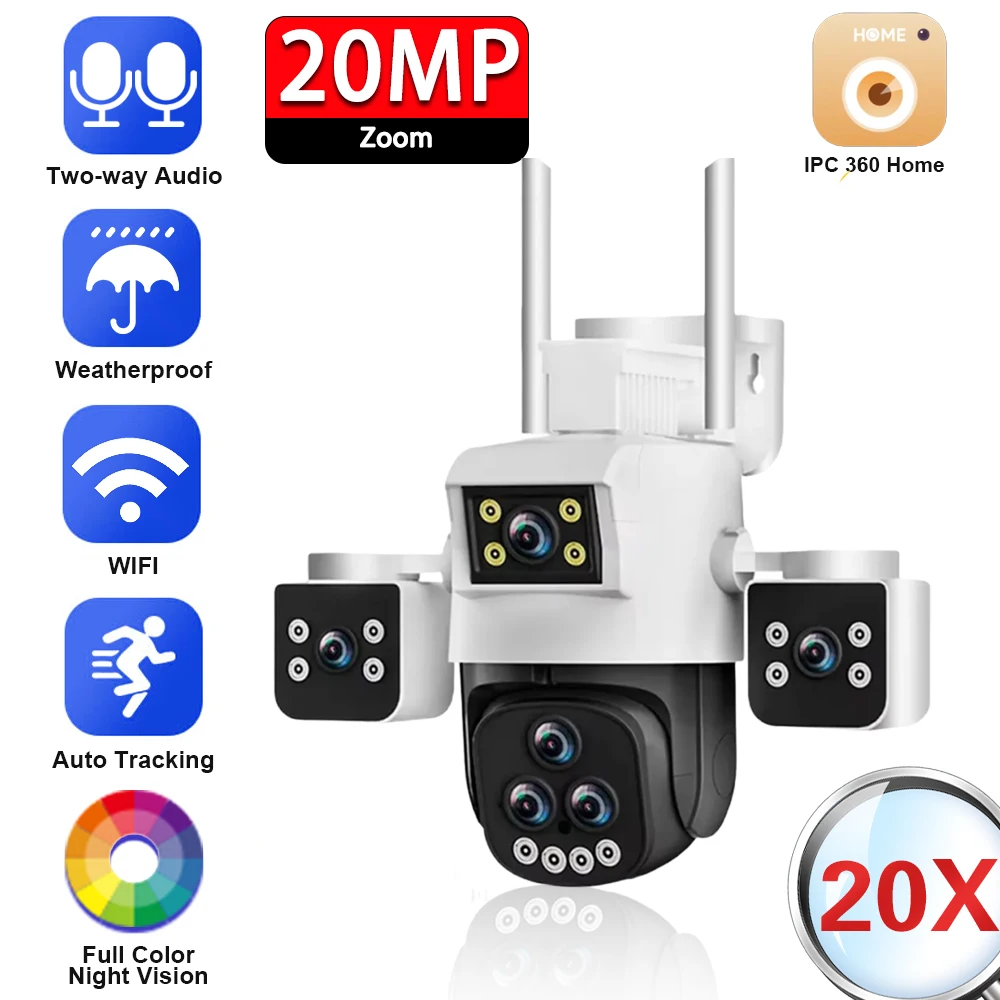 

20MP Five Lens Wifi PTZ IP Camera Auto Tracking Outdoor 4K 20X Zoom Wireless CCTV Video Surveillance Camera Color Night Vision