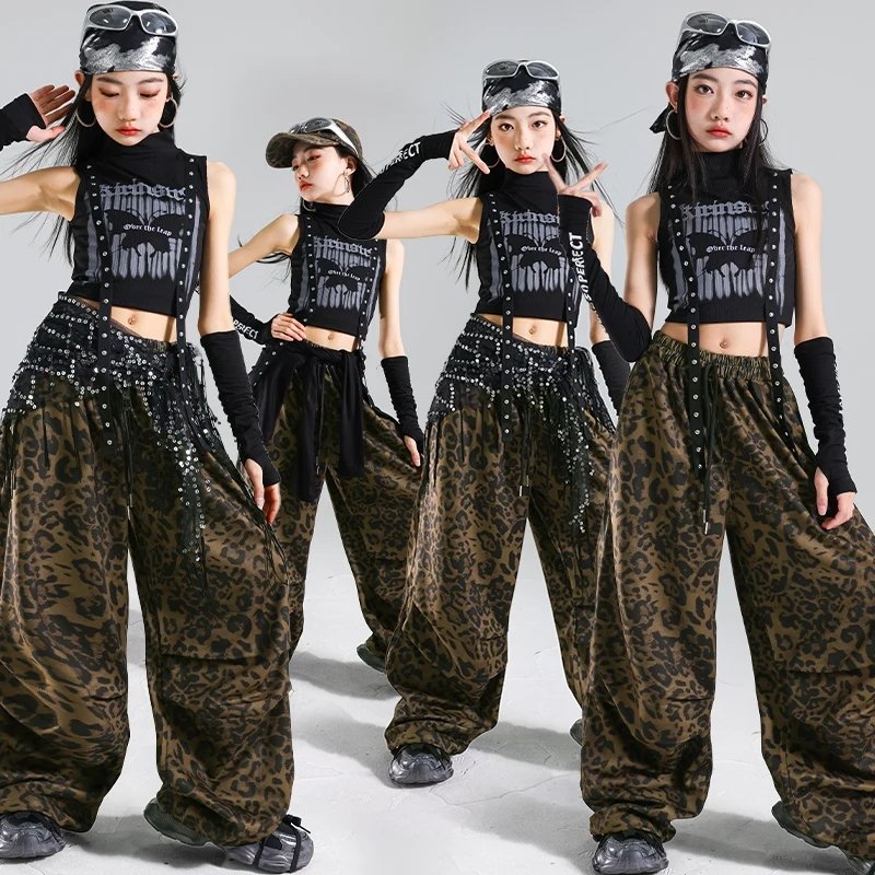 

Hip Hop Kpop Girls Clothes Jazz Performance Outfit Kids Tank Top Black Leopard Print Line Dance Pants Street Dance Set AMY2026