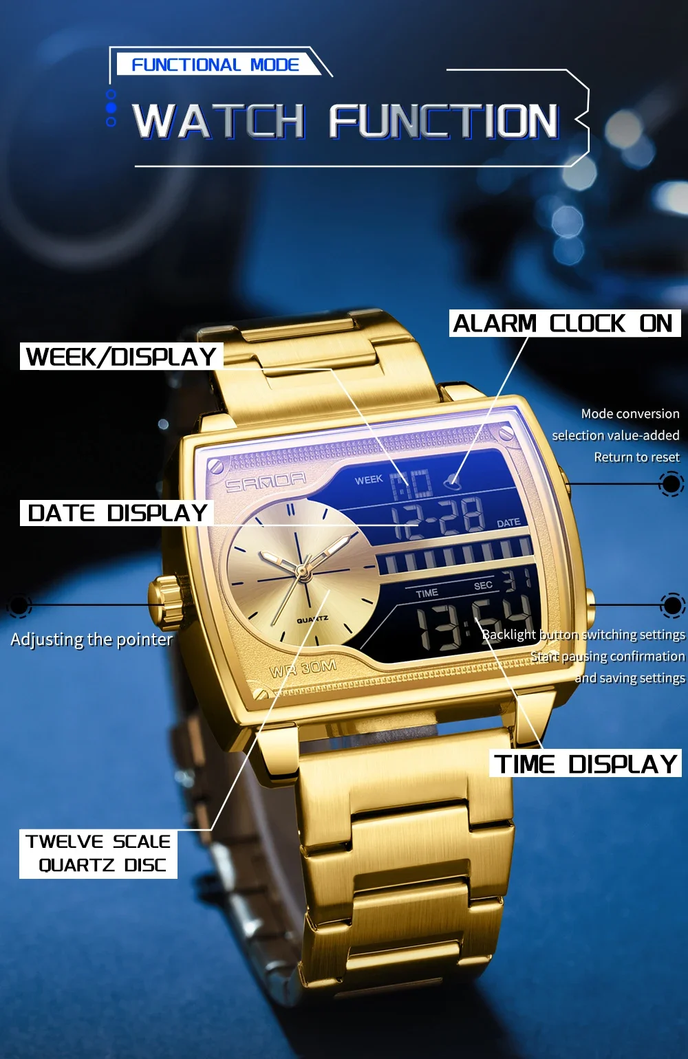 SANDA Top Brand Luxury Men Quartz Watch Fashion Square Watch Men Countdown Sports Waterproof Double Display LED Digital Watch