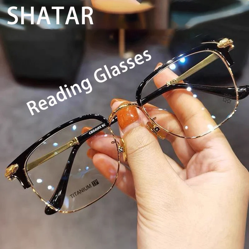 Shatar New Fashion Metal Half-frame Reading Glasses Men Women Big Face Widening Eye Protection Anti-Blue Light Business High-End