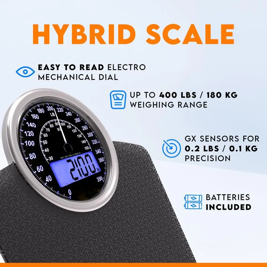 

Гибридный аналоговый усилитель 2 в 1, цифровые весы для тела, вес до 400 фунтов, толстое закаленное стекло, очень большой дисплей, легко читать