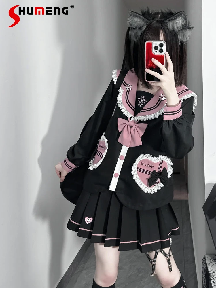 

Original Black Pink JK Uniform Suit 2023 Fall New Cute Sailor Collar Bow Tie Long Sleeve Jacket and Short Skirt Two Peice Sets