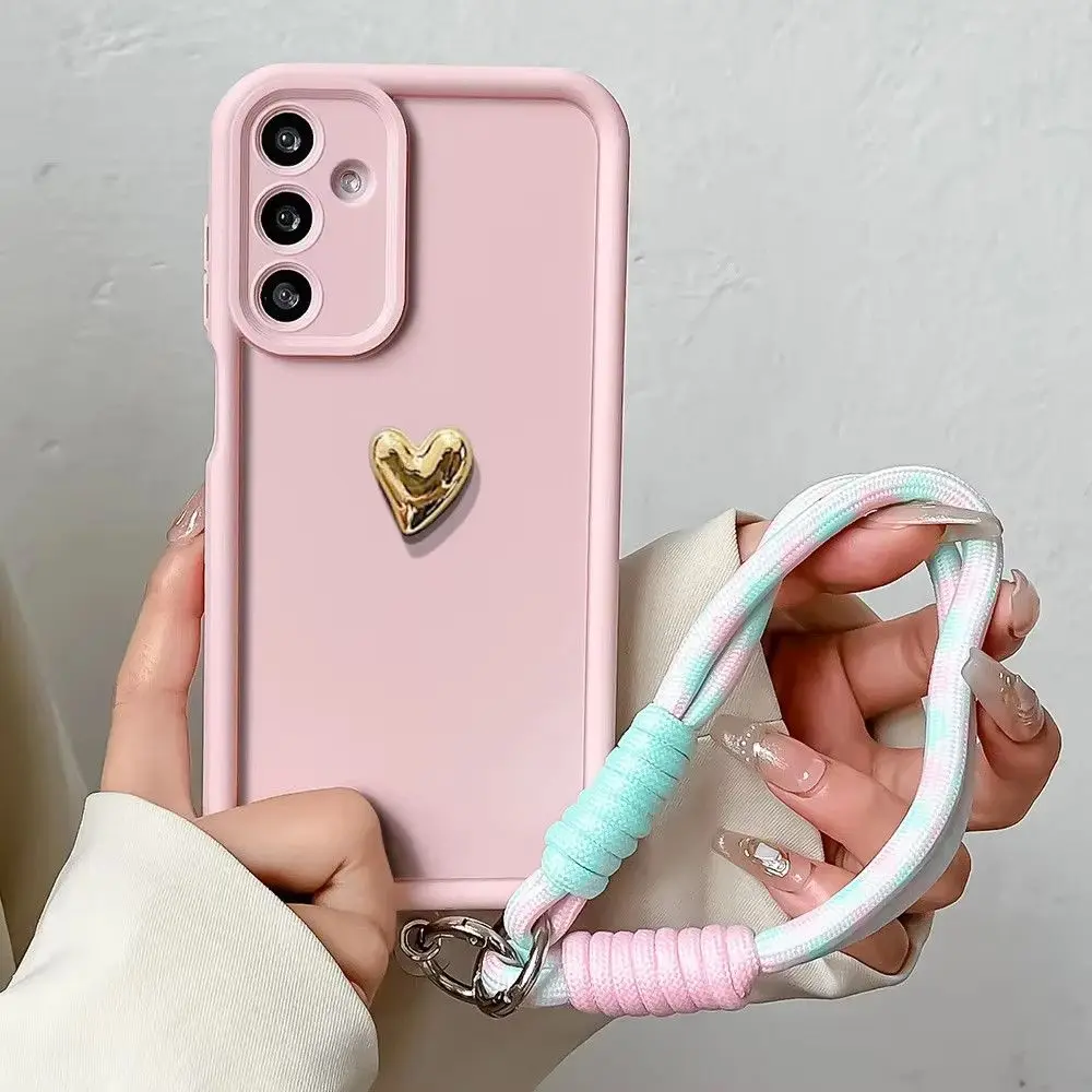 A55 A35 A25 A15 5G A05 With Lanyard Gold Heart Soft Phone Case For Samsung Galaxy A07 A17 A37 A57 A06 A16 A26 A36 A56 Back Cover