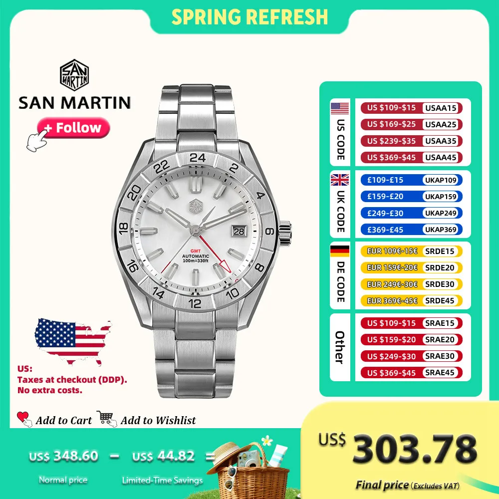 

San Martin 42mm Luxury Stainless Steel Chinese Men Watch NH34 GMT Automatic Mechanical Watches MOP Dial Waterproof 10Bar SN0130