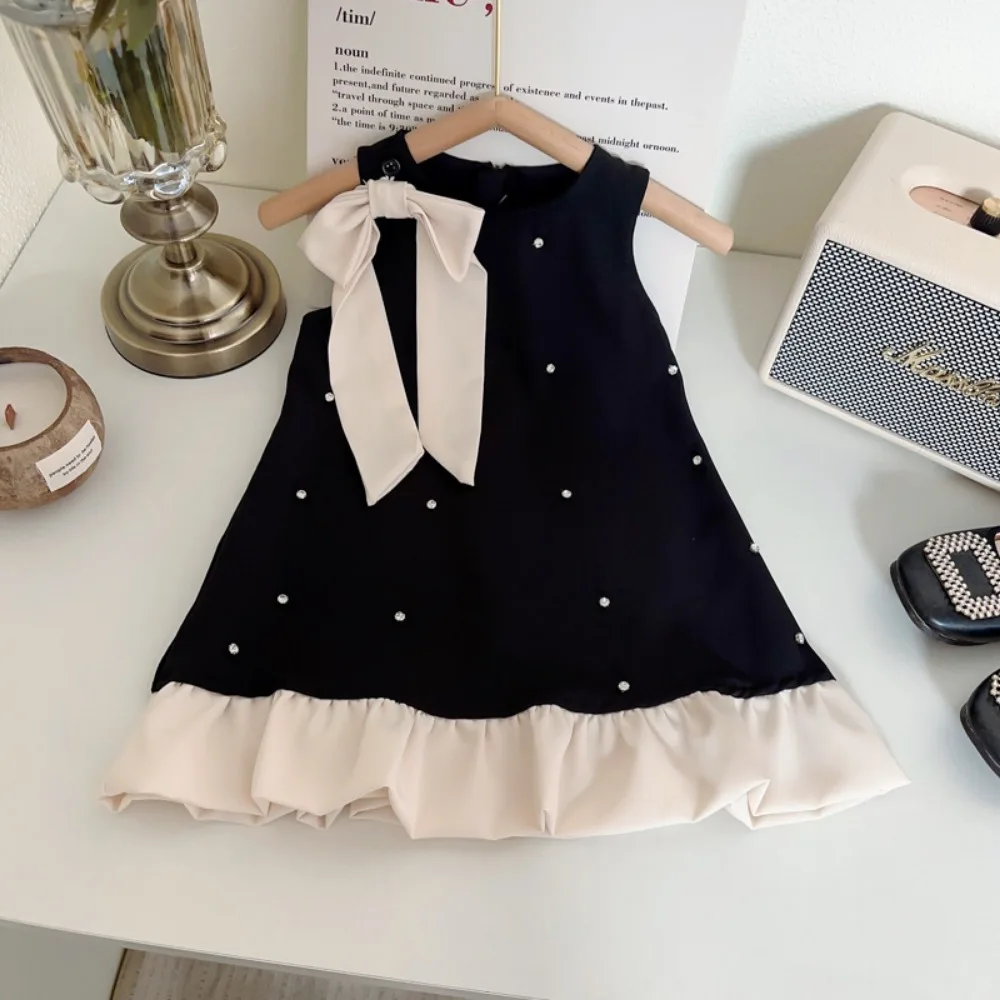 Bear Leader Black Sleeveless Girls Casual Dress Summer New Children's Clothing Detachable Bow Decoration Princess Dresses