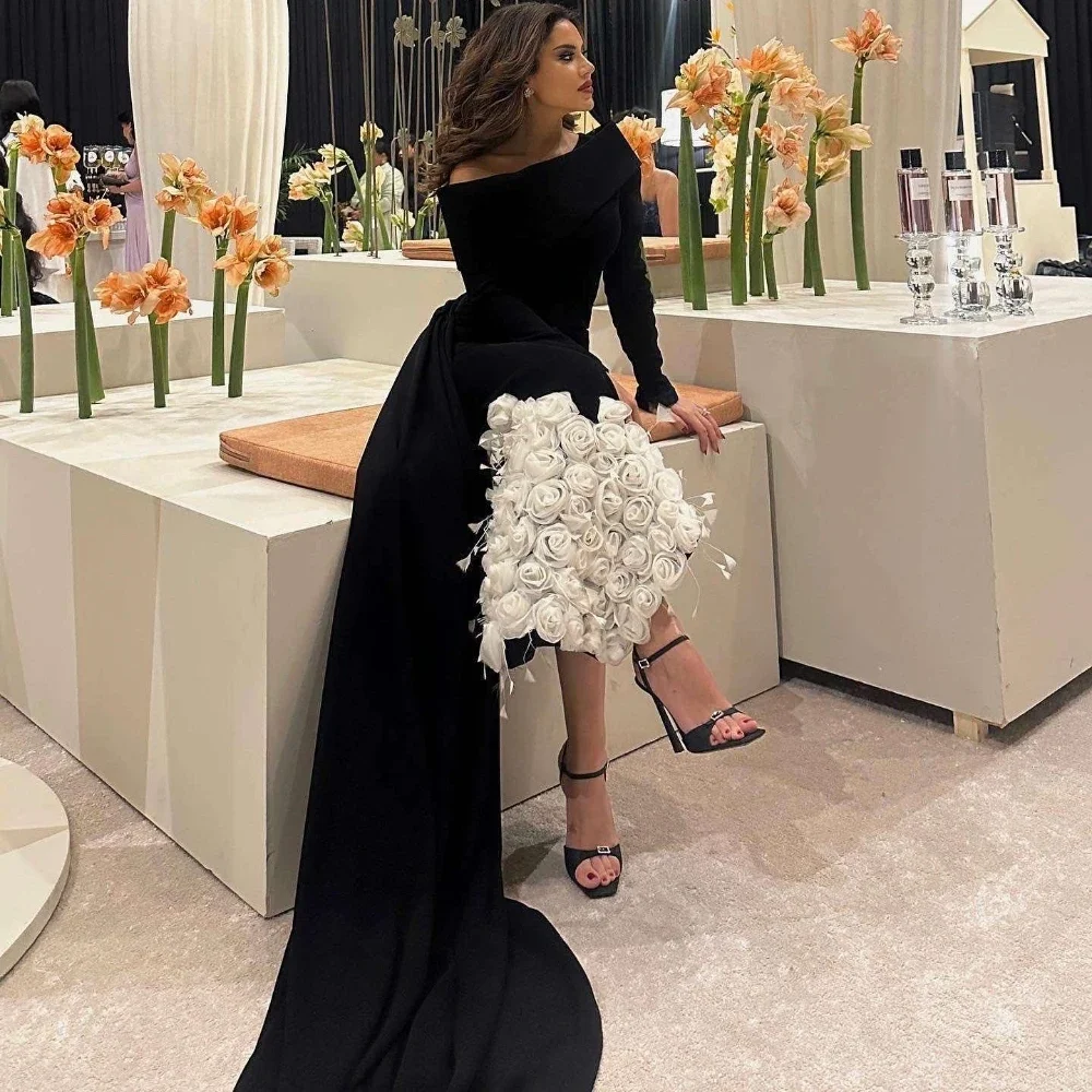 Elegant Fashion Prom Dress Floor Length Off  Shoulder Evening Dress White 3D Flower Satin Saudi Arabia Wedding Party Dress gala