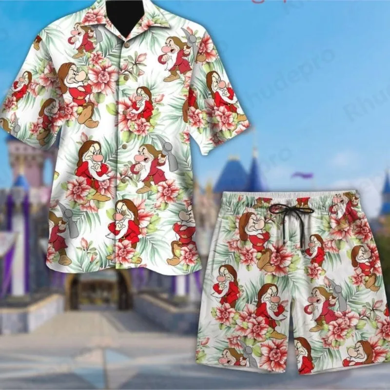 

Disney Grumpy Tropical Men Women Button Shirt Grumpy Dwarf Summer Short Cartoon Hawaii Shirt Seven Dwarfs Beach Short Suit