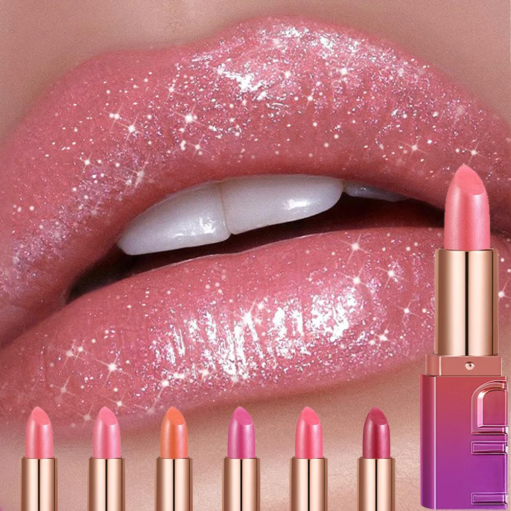 Lápiz labial brillante con perlas brillantes, brillo dorado, tinte de labios metálico ultrapibentado, brillo de diamante, maquillaje de labios con brillo atrevido de lujo