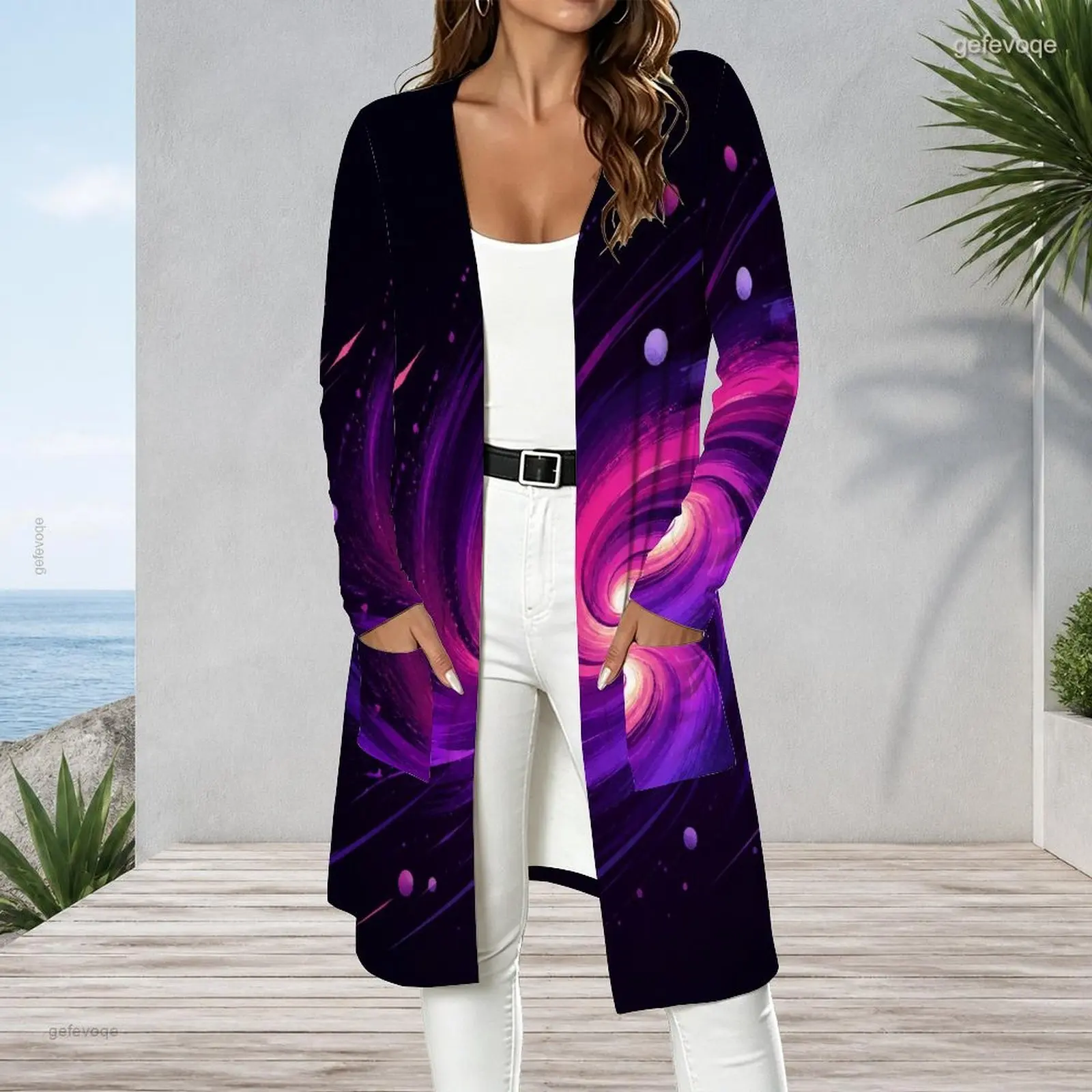 Printed Cardigan for Women Long Sleeve Open Front Longline Straight Hem