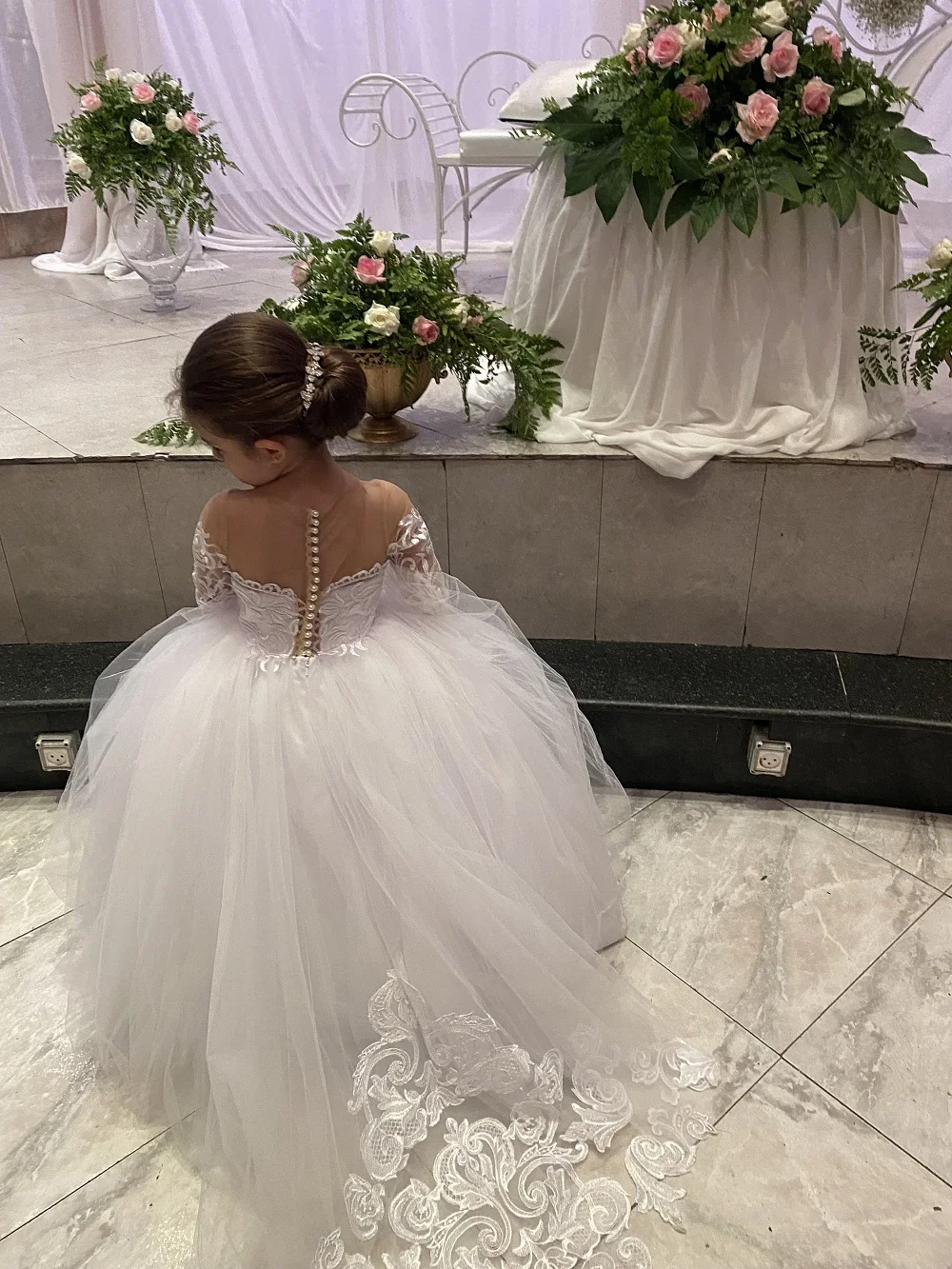 Vestido de manga larga para niña de las flores, primera comunión, marfil, champán, tul, Princesa, fiesta de cumpleaños, bebé, niño pequeño, vestido de baile, hecho en curom