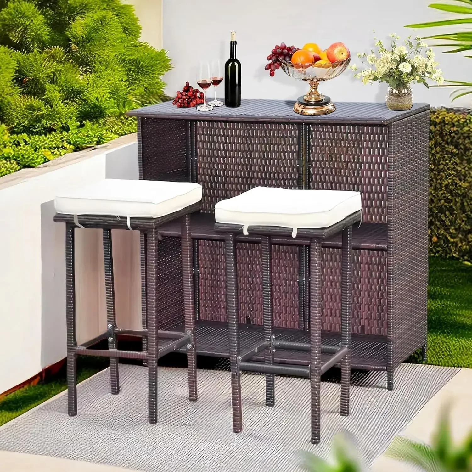 

Outdoor Rattan 3PC Patio Bar Set,Elegant Wicker Design with Glass Table Top & 2 Stools, Removable Cushions - Ideal