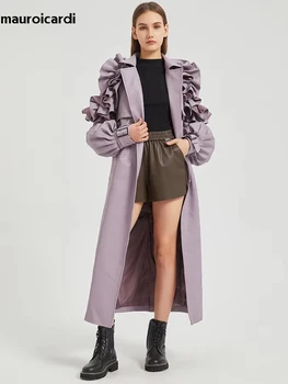 معطف Mauroicardi ربيعي طويل جدًا أسود مكشكش ناعم من الجلد الصناعي حزام نسائي أنيق أنيق فاخر مصمم الملابس معطف 2025