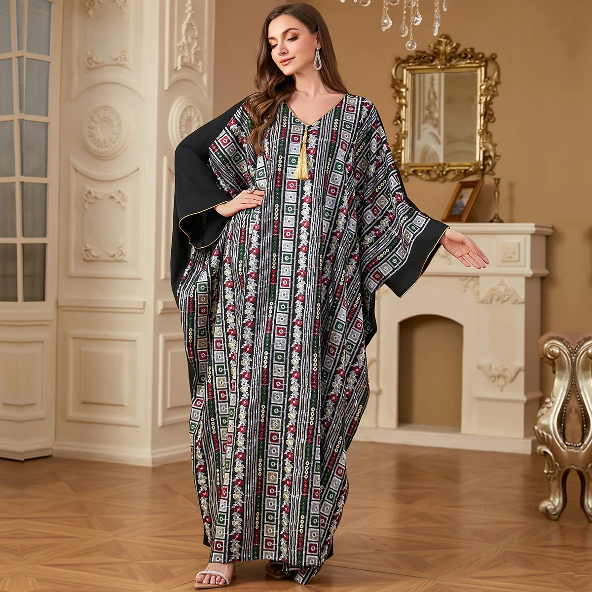 

Middle East Muslim Fashion Women's Color-coded Casual Trendy Simple Basic Loose V-neck Long Batwing Sleeve Dresses Female Abaya