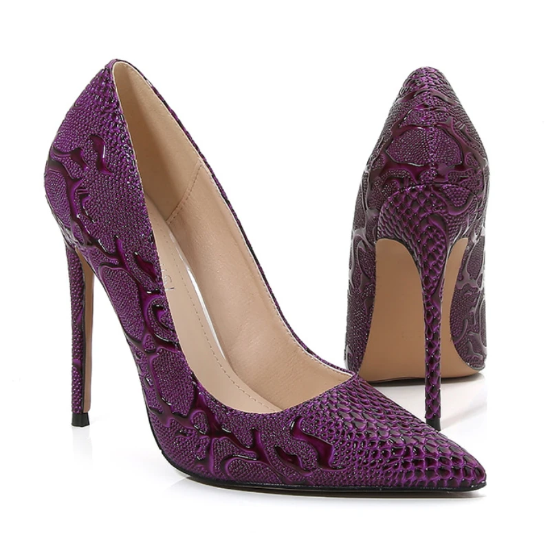 

Luxury Purple Woman High Heeled Shoes Shallow Mouth Pointed Toe Slip on Unique Shoes Four Season All Game Pattern Snakes Shoes