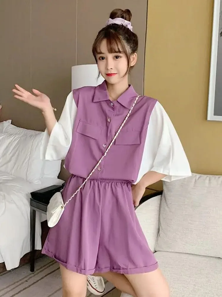 2026 Women's Summer Two Piece Outfit Color Block Short Sleeve Polo Shirt Wide Leg Loose Shorts Casual Set
