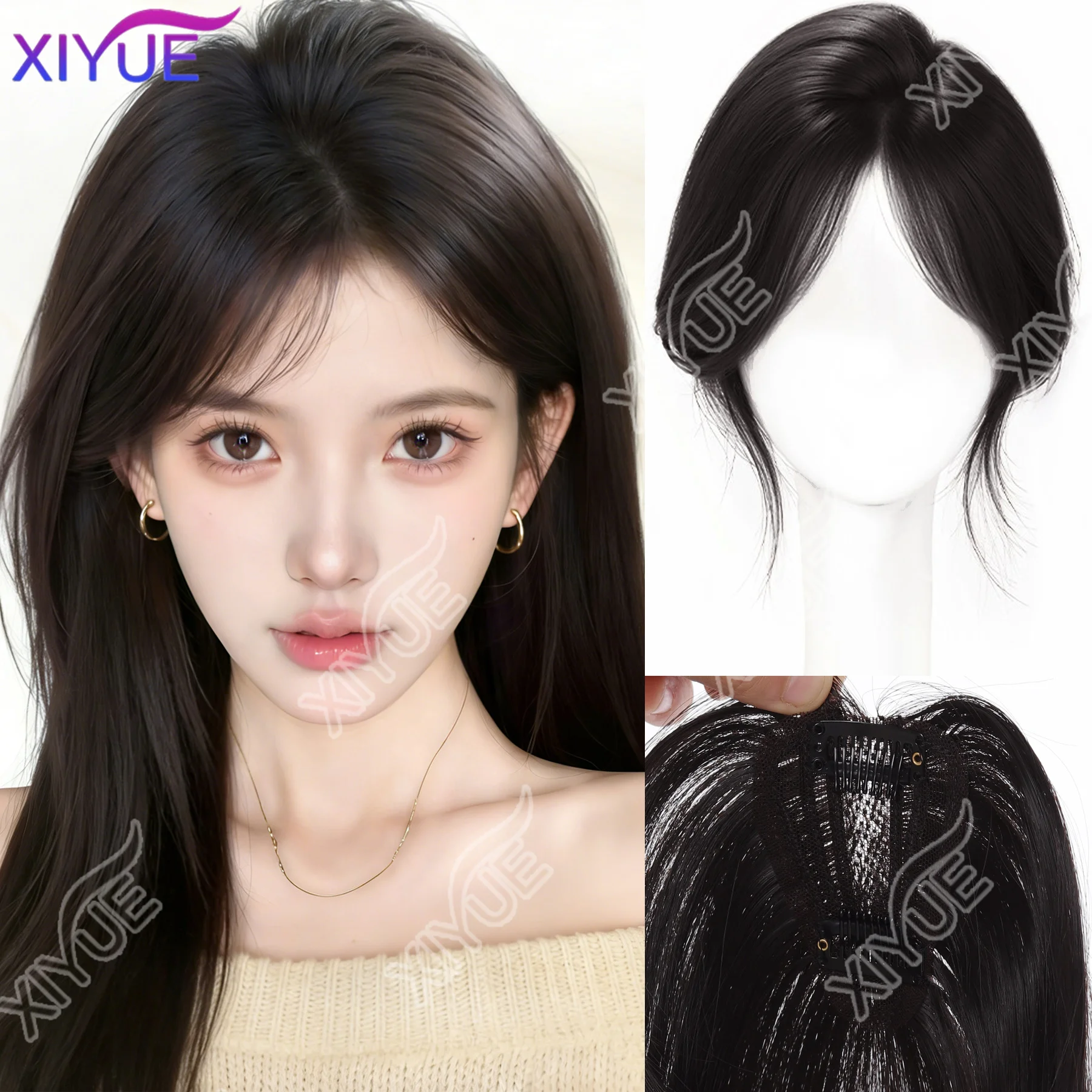 

XIYUE Middle Part Fake Bangs Fringe Synthetic Topper Hairpiece Clip-In Bang Extension Natural Invisible Clourse Hairpiece Women