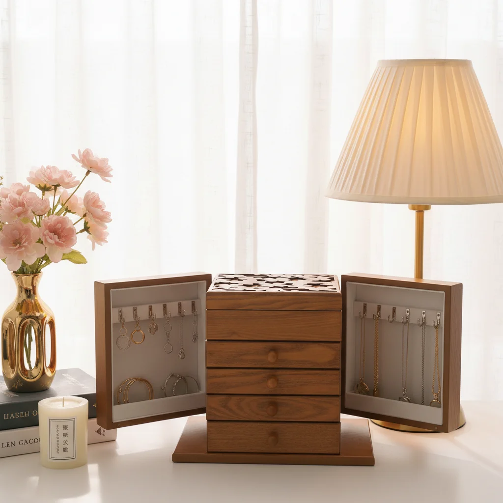 

5-уровневая шкатулка для украшений, 5-слойный органайзер для ювелирных изделий, футляр для хранения украшений с 4 ящиками и 6 крючками, для ожерелий/колец/серег