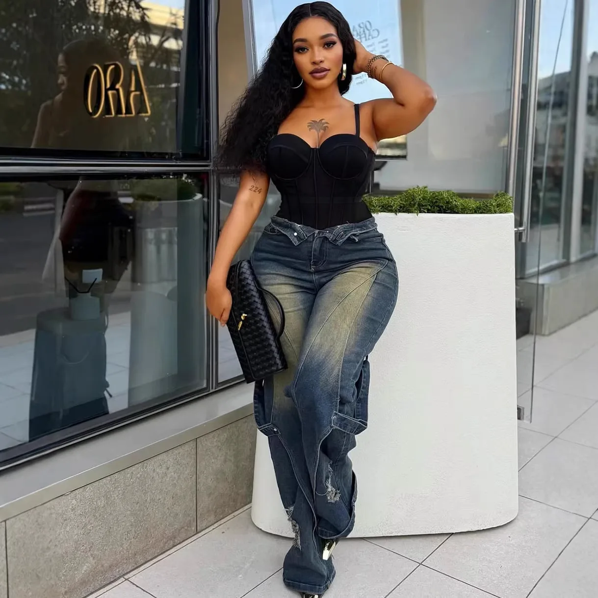 

2026 New Fashion Washed Tie Dye Distressed Straight Leg Cargo Wide Leg High Waisted Slim Fit Casual Denim Jeans Women