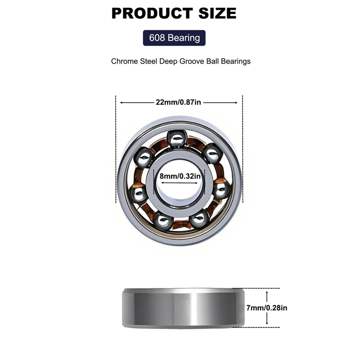 A002 100 Stück 608 Kugellager – Hochpräzise Spinnerlager Miniatur-Rillenkugellager (8 mm x 22 mm x 7 mm)