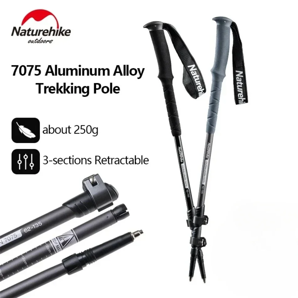 Naturehike Folding Trekking Pole Foldable Walking Stick for Walk Climbing Retractable 3 Sections Telescopic 7075 Aluminum Alloy