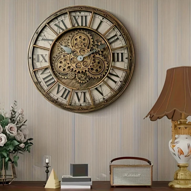 46cm Real Moving Gears Large Wall Clock Industrial Steam Punk Roman Numeral Clock Living Home Decoration Mechanical Wall Clock
