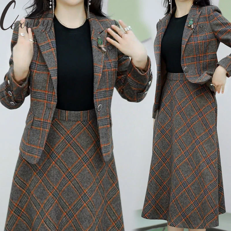 

Women Casual Stripe Skirt 2 Peice Suit Vintage Long Sleeve Coat+Elastic A-Line Skirt Vintage Outfits Ladies Office Korean Set