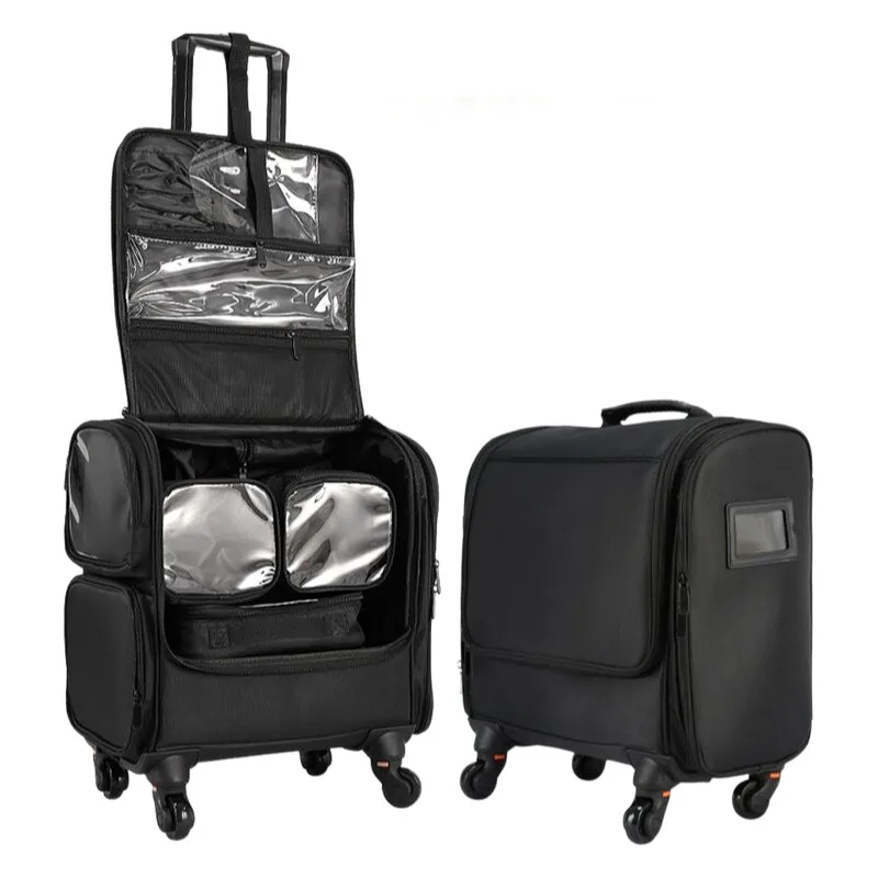 뷰티 아티스트를 위한 메이크업 케이스 - 바퀴가 달린 견고한 롤링 화장품 정리함, 다중 칸막이 여행용 도구 상자