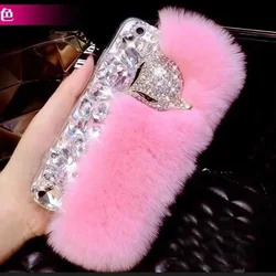 3D Crystal Handmade Diamond Case, Warm Rabbit Fur Hair, Case for iPhone 16Pro X, XR, XS, 11, 12, 13, 14, 15 Plus Pro Max, Mini