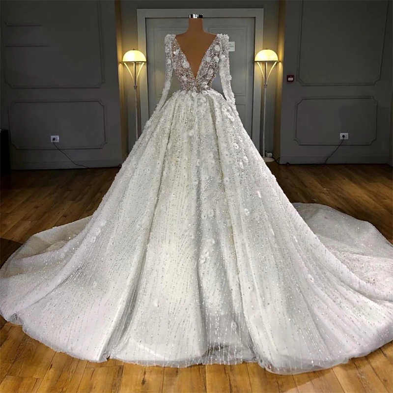 Deep V-Neck  Wedding Dress Long Tulle Sleeves Beading 3D Appliques Prom Evening Ball Gown Bling Bling Luxurious Robe De Soirée