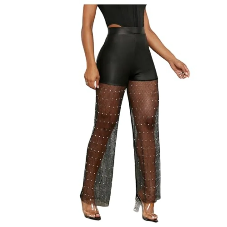 

OYOANGLE Women's Glitter Sheer See Through Sparkly Pants Festival Dance Clubwear Mesh Wide Leg Party Trousers