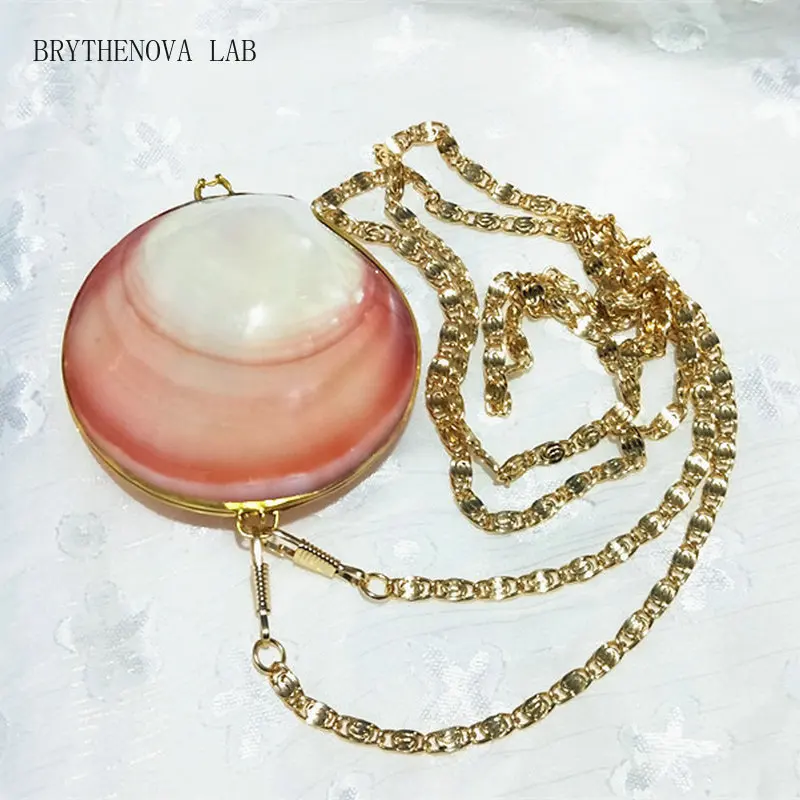 Aqumotic New Fashion Sweet Shell Chain Shoulder Bag Natural Clams Pink Jewelry Box Clutch Bag Girl's Messenger Handbag