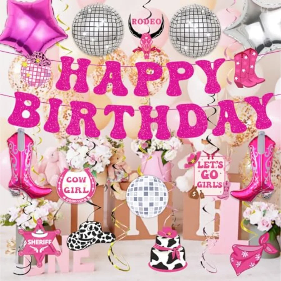 34 قطعة ديسكو راعية البقر حفلة عيد ميلاد زينة الغربية راعية البقر زينة الحفلات الوردي الساخن عيد ميلاد سعيد راية ديسكو راعية البقر B #6