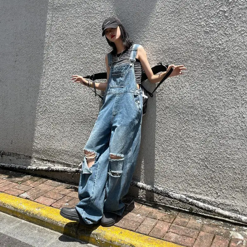 Pantalones de tirantes de mezclilla para mujer, monos de pierna ancha con agujeros, ropa de calle Y2K, pantalones de tirantes de una pieza,