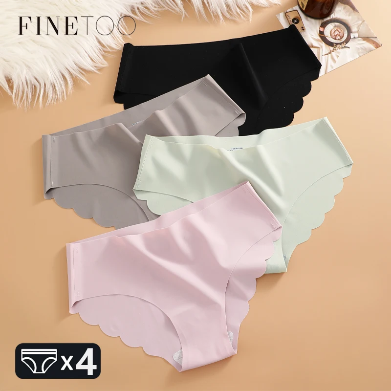FINETOO 4 Stück Eisseide, gewellte Taille, Unterwäsche für Damen, nahtlos, sexy, bequem, solide Slips, Mädchen, ultradünne, unsichtbare Dessous
