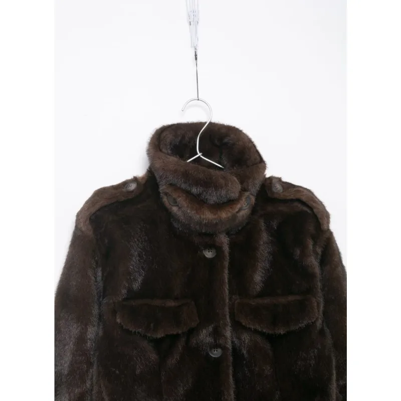 سترة نسائية قصيرة لربيع وخريف مع ياقة ثابتة من الفرو الصناعي وأكمام طويلة وجيب بأزرار ملابس خارجية أنيقة للسيدات #3