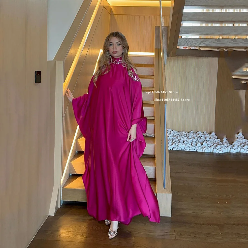 Moroccan Caftan Evening Dress Silver Rhinestone High Neck Fuchsia Batwing Sleeve Satin Arabic Party Gowns Customized