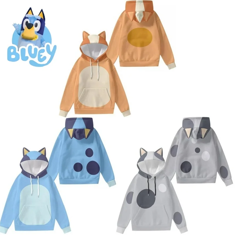 Bluey Family Winter Sweatshirt With Ears Bingo Cosplay Hooded Casual Cute Hoodie Bluey'S Friend Muffin Gray Hooded Sweatshirt