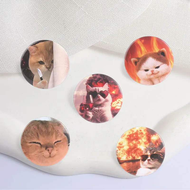 Cool Cartoon Flame Cat Meme Badge Tinplate Soft Button Pin Cute Explosion Wine Sunglasses Cat Expressions Brooch Lapel Badge Pin