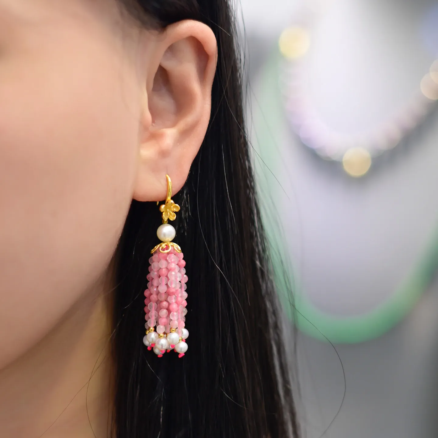 Natural Rhodochrosite Pearl Fringe Long Earrings, Luxury Elegant Drop Unique Beautiful Statement Ear Jewelry Gift