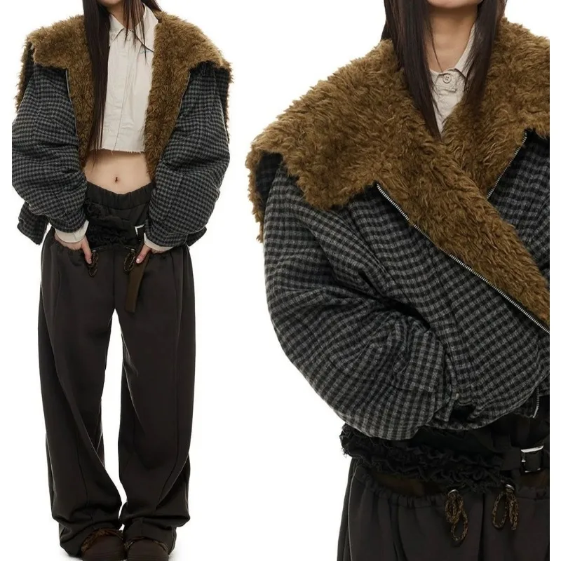 

2025 Winter New Plaid Woolen Loose Cotton Clothes Women's Large Lapel Cotton-padded Clothes Thick Coat