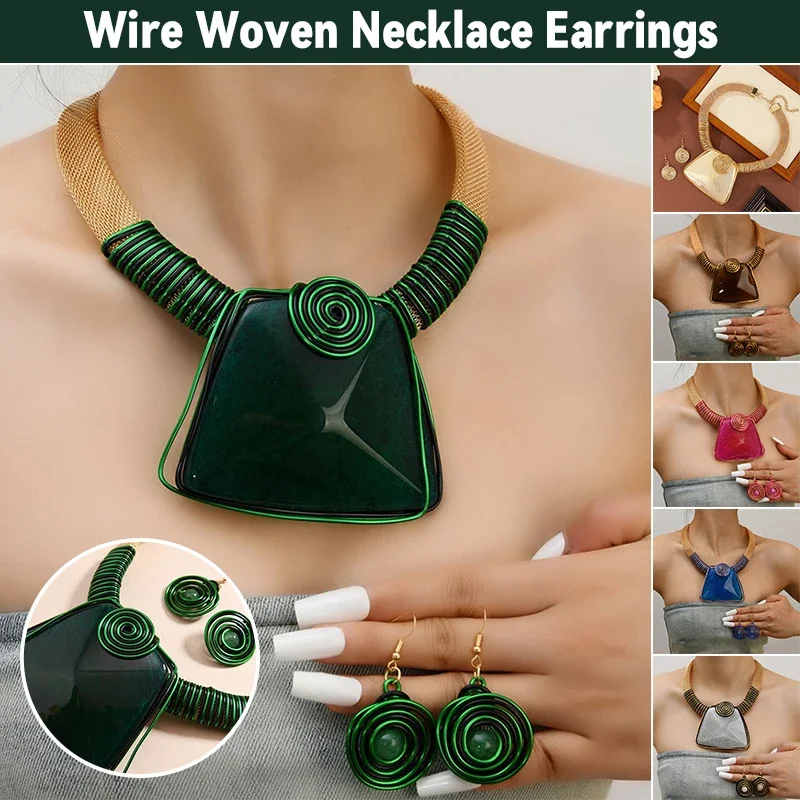 

Geometric Square Resin Statement Jewelry Set For Women Aluminum Wire Woven Necklace Earrings Boho Party Wedding Gift